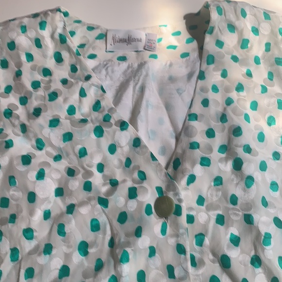 NEIMAN MARCUS SILK PEPLUM BLOUSE TOP GREEN WHITE POLKA DOTS DESIGNER SZ 8 - Picture 7 of 14